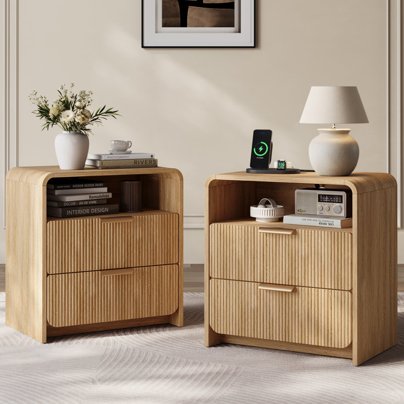 Table de chevet 25 po H 2 tiroirs avec station de charge, armoire de chevet cannelée moderne pour chambre à coucher, profil profilé incurvé