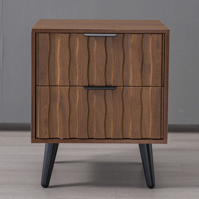 2-Drawer Fluted End Table With Solid Wood Legs, Storage Side Table For Living Room/Bedroom
