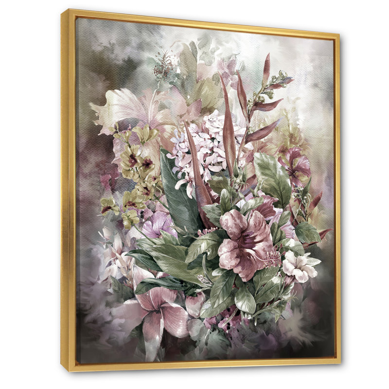 Grunge rose gris, fleurs d'été - décoration murale traditionnelle en toile, H 36 po x l 24 po x P 1 po, Cadre flottant doré