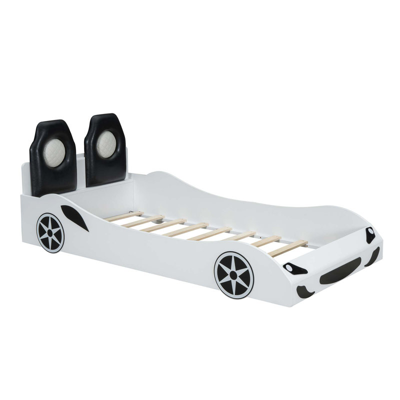 Wood Race Car-Shaped Platform Bed With LED And Upholstered Backrest