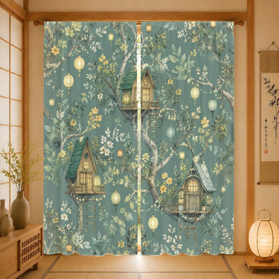 2 pièces rideaux fantaisistes dans une cabane dans les arbres, tissu filtrant la lumière, impression de scène de forêt enchanteur, maison décorative pour salon, chambre à coucher, balcon