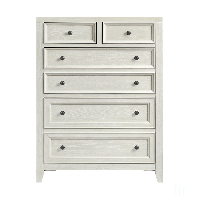 Commode 6 tiroirs Gypse Whitewash avec glissières en métal coulissant en douceur, parfaite pour les chambres à coucher modernes et classiques.