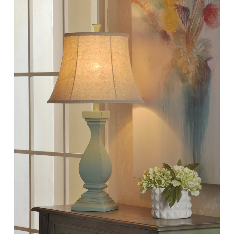 Sea Grass Green Distressed Poly Table Lamp with Oatmeal Shade