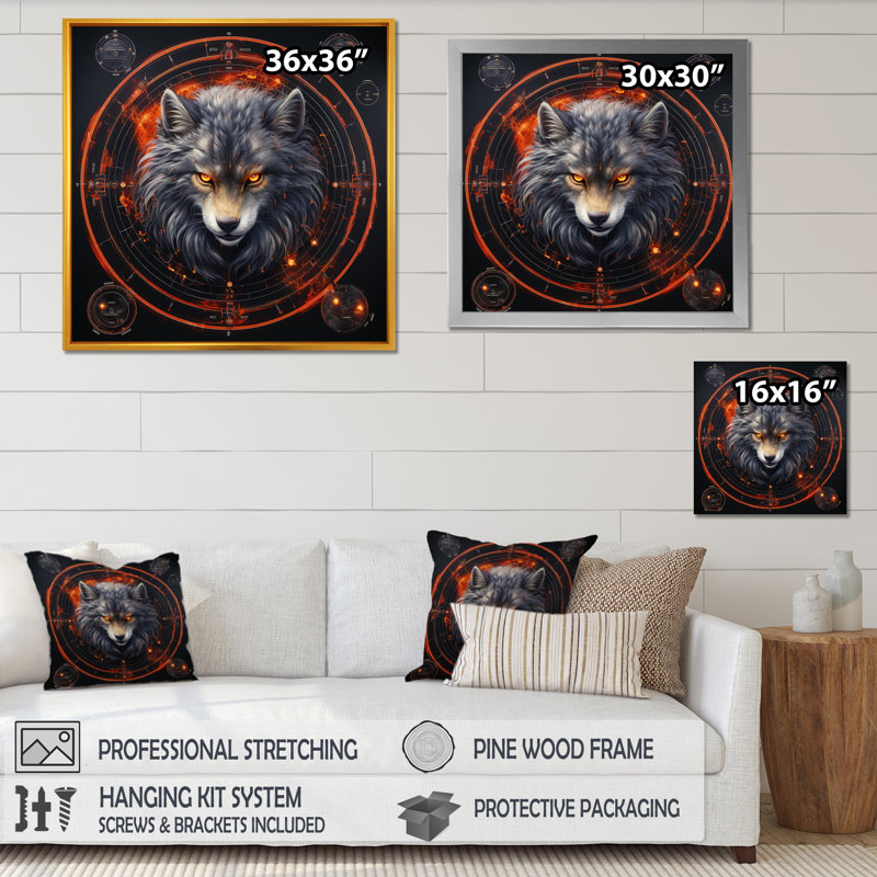 Gris, schématique, créatures de loups - Mythical Creatures, art mural, Cadre simple noir, H 16 po x l 16 po x P 1 po
