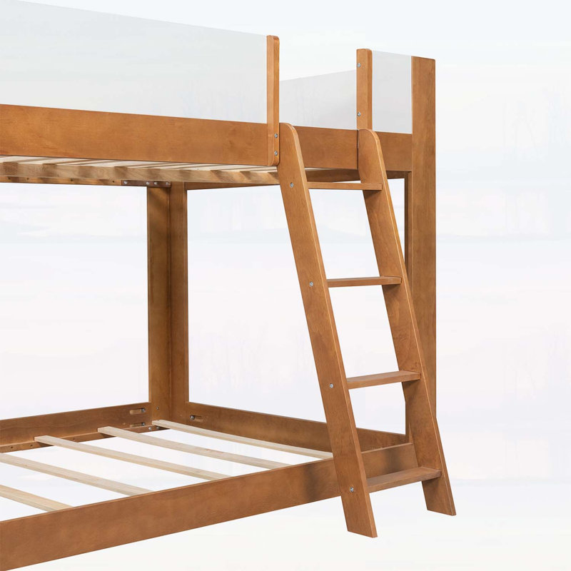 Lit simple superposé simple, convertible en bois avec échelle réversible et garde-corps de sécurité, noyer et blanc