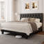 Grand cadre de lit tapissier avec tête de lit, base de lit en lin touffeté à boutons, lit plateforme avec lattes de bois, robuste, facile à assembler, aucun sommier tapissier requis, blanc-1063459764-1063459760