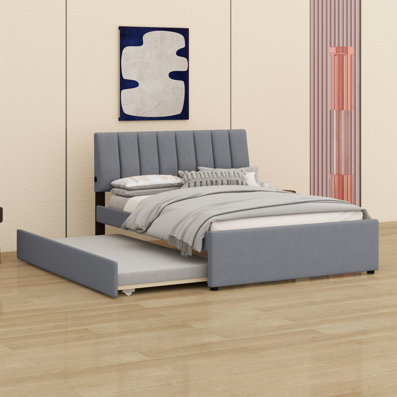 Upholstered Platform Bed With Trundle, Gray