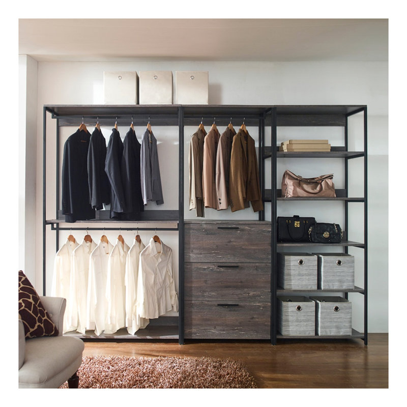Système d'organisation en bois avec tiroir Monica, bois gris vieilli et structure en métal noir