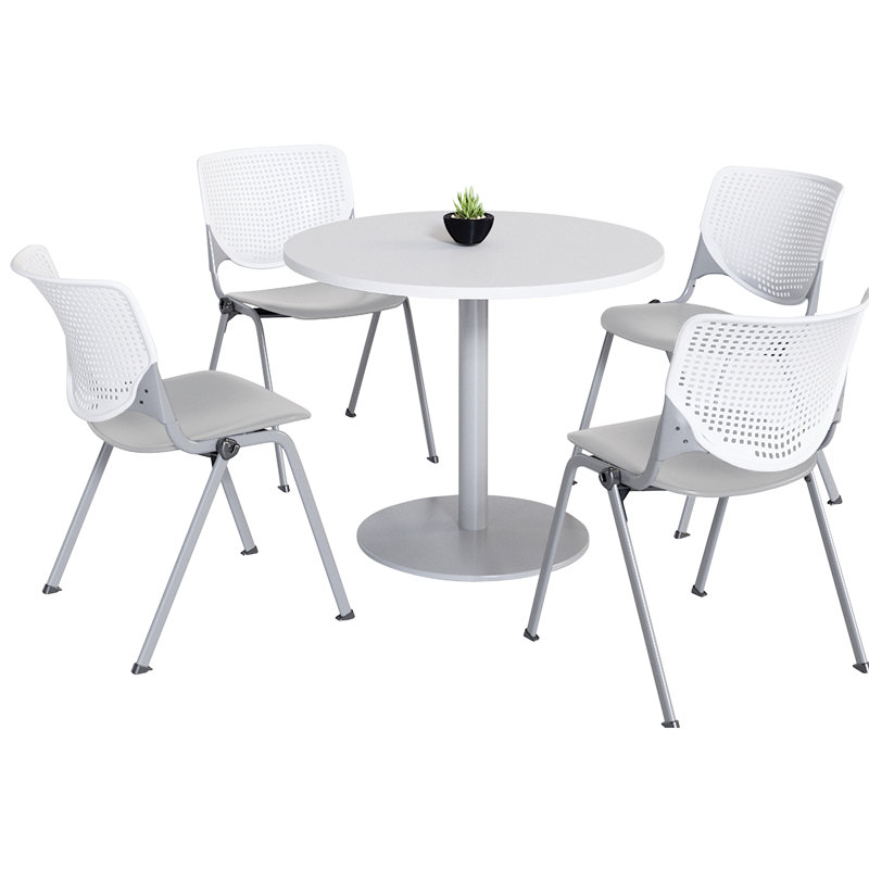 Mode Round Breakroom Table Set With 4 Kool Stacking Chairs, 29" H x 36" L x 36" W, White/White/Light Gray