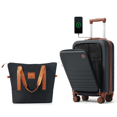Front Opening 20-Inch Carry-On Luggage with Expandable Travel Bag Set, ABS Hard Shell Two-piece suitcase set with USB Port , Cup Holder, ivory and brown