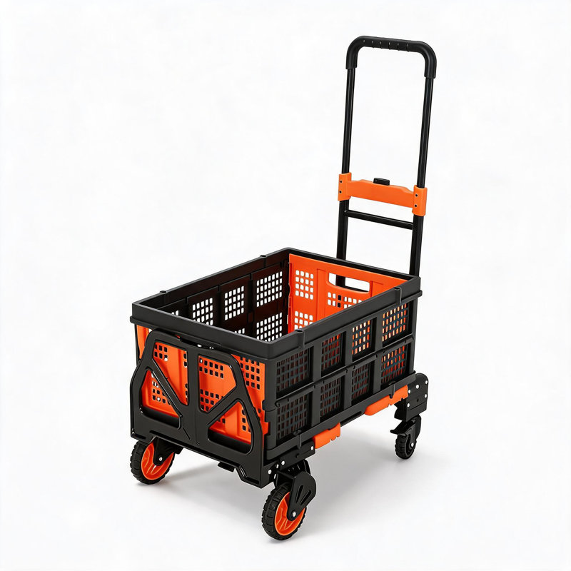 Chariot de manutention pliable 2 en 1, robuste et convertible (150 kg), avec panier pliable, cordon élastique, roues en caoutchouc et poignée rétractable. Parfait pour les déménagements, le bureau et le transport de bagages. Couleur : orange.