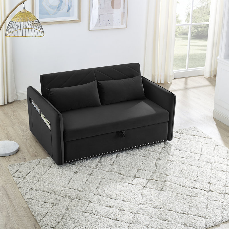 Indoor Contemporary Sofa Sleeper Sofa Bed With 2 Lumbar Pillows And Side Pocket For Home, Black Velvet