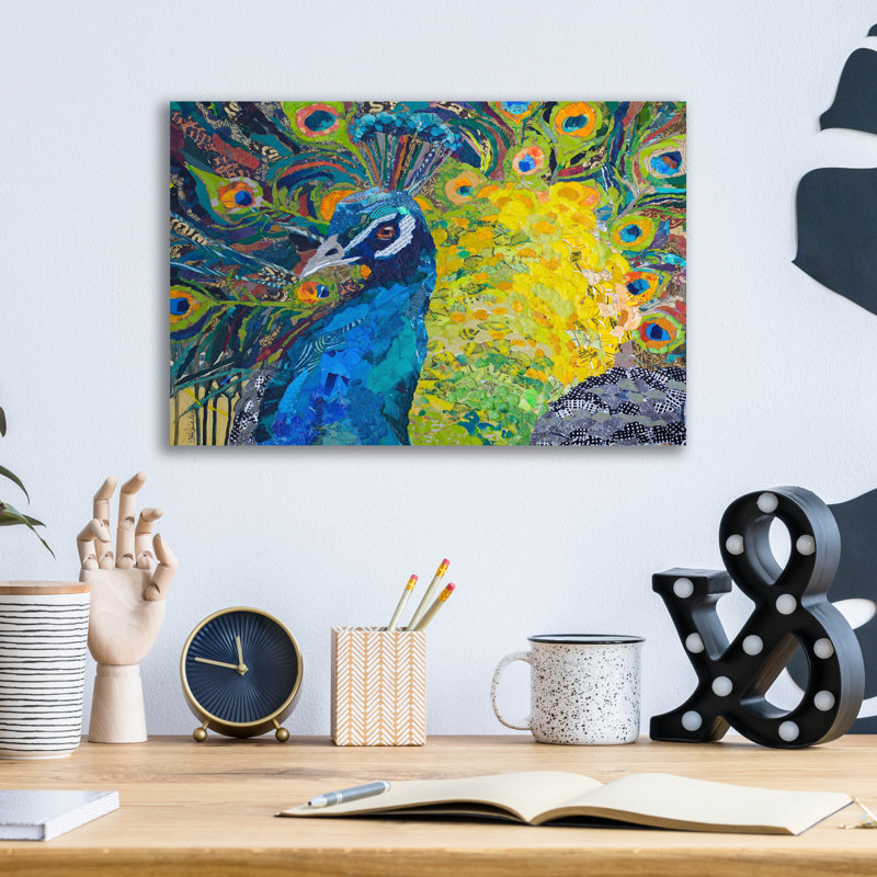 Bungalow rose «Poised Peacock 2» par St. Hilaire Elizabeth, art mural en verre acrylique, H 12 po x l 16 po x P 0,13 po