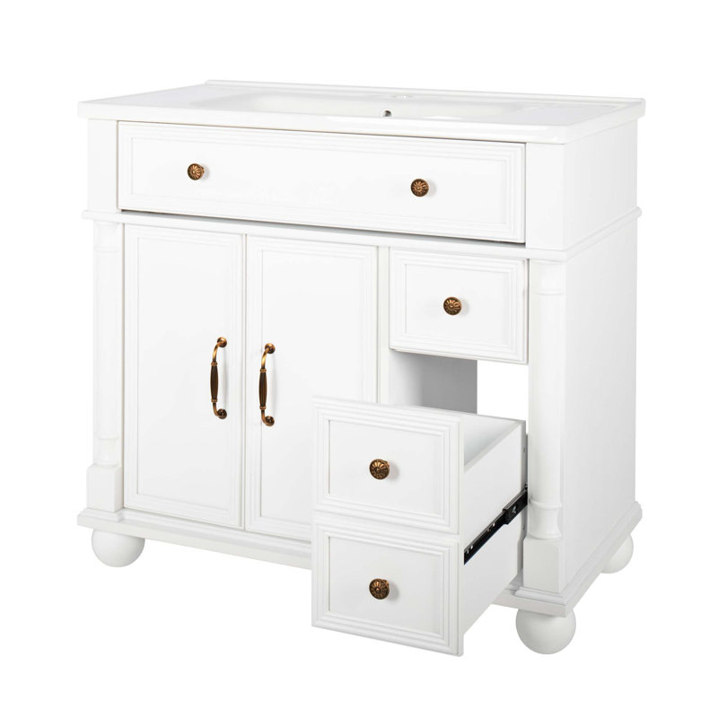 Meuble-lavabo de style campagne Mid-Century avec rangement spacieux et structure en bois massif, Blanc