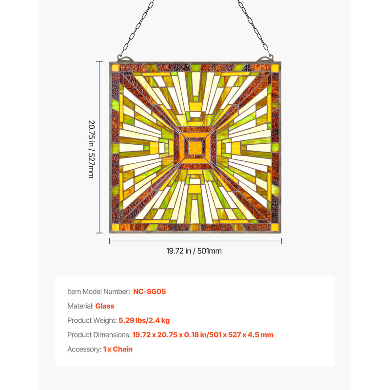 Panneau de vitrail suspendu de style vitrail avec chaîne 20 x 21 pouces Tiffany