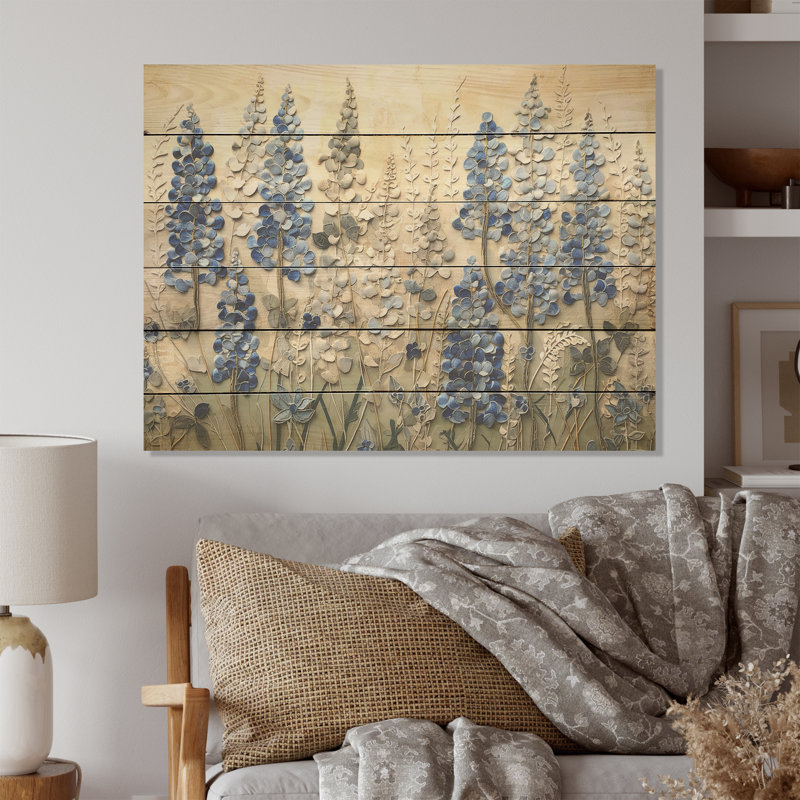 Minimalisme bleu blanc Bonnets - Blue Bonnets Art mural sur bois de pin naturel, H 30 po x l 40 po