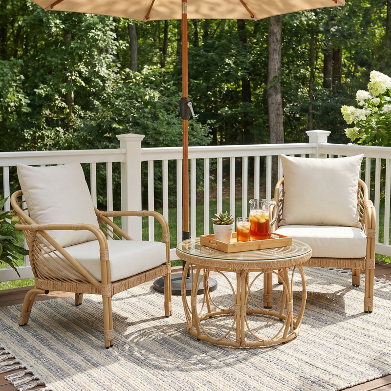 Table basse intérieure/extérieure de 68 cm de large, table d'appoint ronde en aluminium pour terrasse avec dessus en verre et revêtement en résine tressée PE.