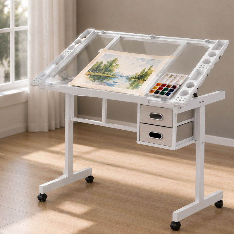 Table à dessin réglable avec plateau en verre trempé, réglage de la hauteur de la manivelle, tiroirs et chaise, blanc
