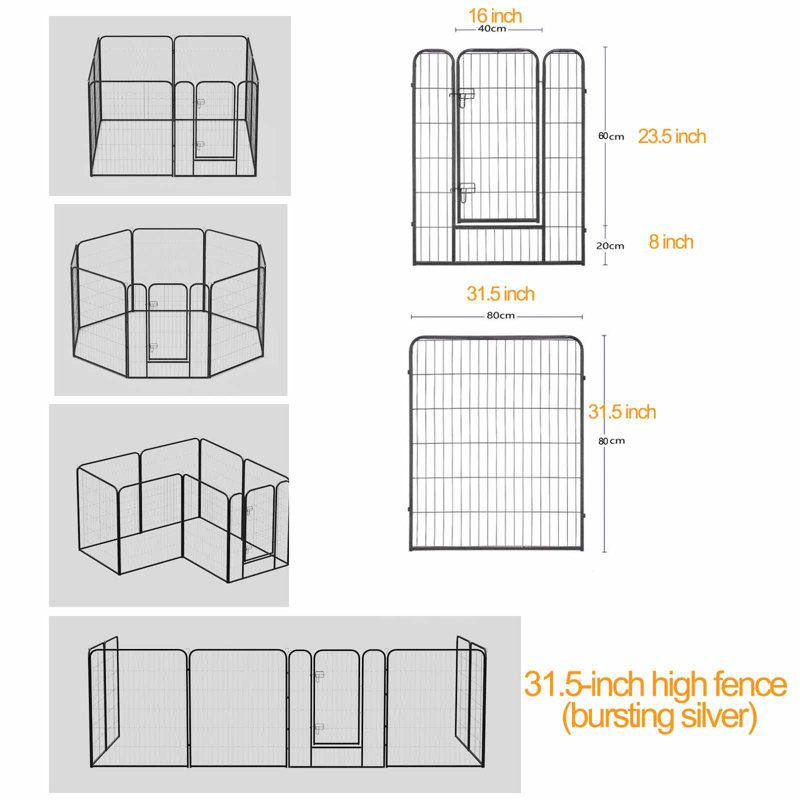 8 panneaux de enclos pour animaux en métal avec porte simple, forme de bricolage, H 31,5 po x l 31,5 po x P 39 po
