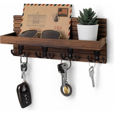 Porte-clés en bois naturel - Organisateur de courrier mural et porte-clés - Étagère de ferme rustique avec 4 crochets doubles - Support décoratif pour clés de voiture, porte-monnaie 