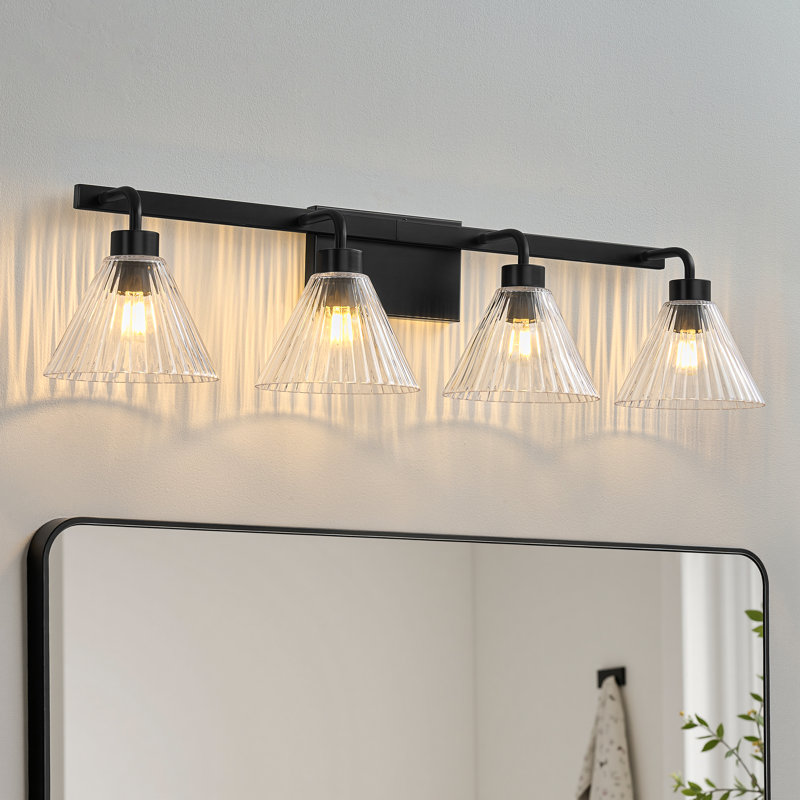 Applique murale de salle de bain à 4 lumières avec variateur et abat-jour en verre transparent côtelé, Noir, 4 lumières