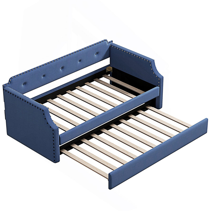 Upholstered Daybed With Trundle, Wood Slat Support,Upholstered Frame Sofa Bed, Blue