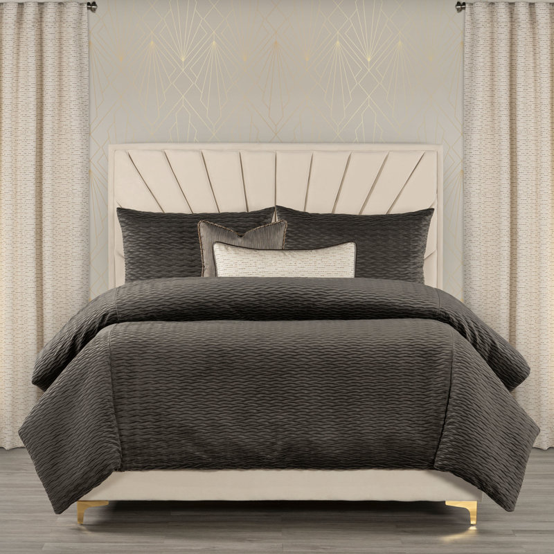 Pleated Velvet Wave Duvet Cover & Insert Set, Cal.King Duvet Cover & Insert +5 Additional Pieces, Gray