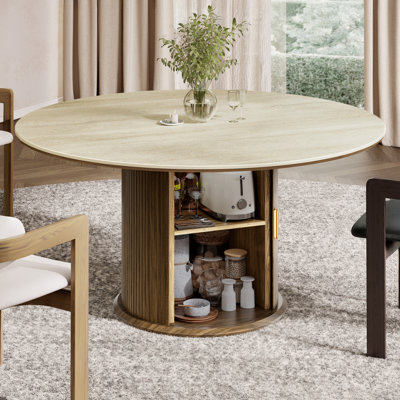 55.12'' Modern Sintered Stone Dining Table With Fluted Pedestal Base, Walnut