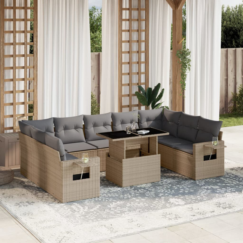 Vidaxl 10-Tlg. Garten-Sofagarnitur Mit Kissen Beige Polyrattan