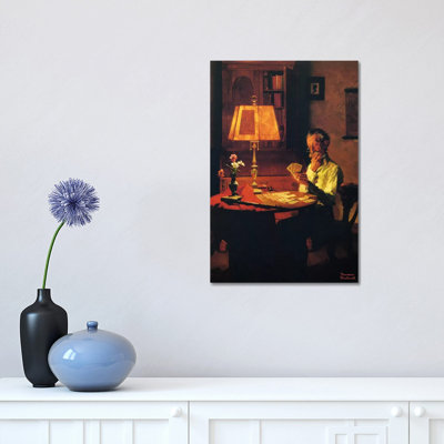 Man Playing Cards By Lamplight by Norman Rockwell - Wrapped Canvas Gallery-Wrapped Canvas Giclée