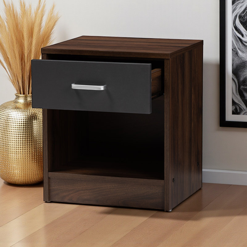 Awrad Dark Brown and Dark Grey Finish 1-Drawer & Shelf Nightstand, 18.10'' H X 15.50'' W X 13.53'' D