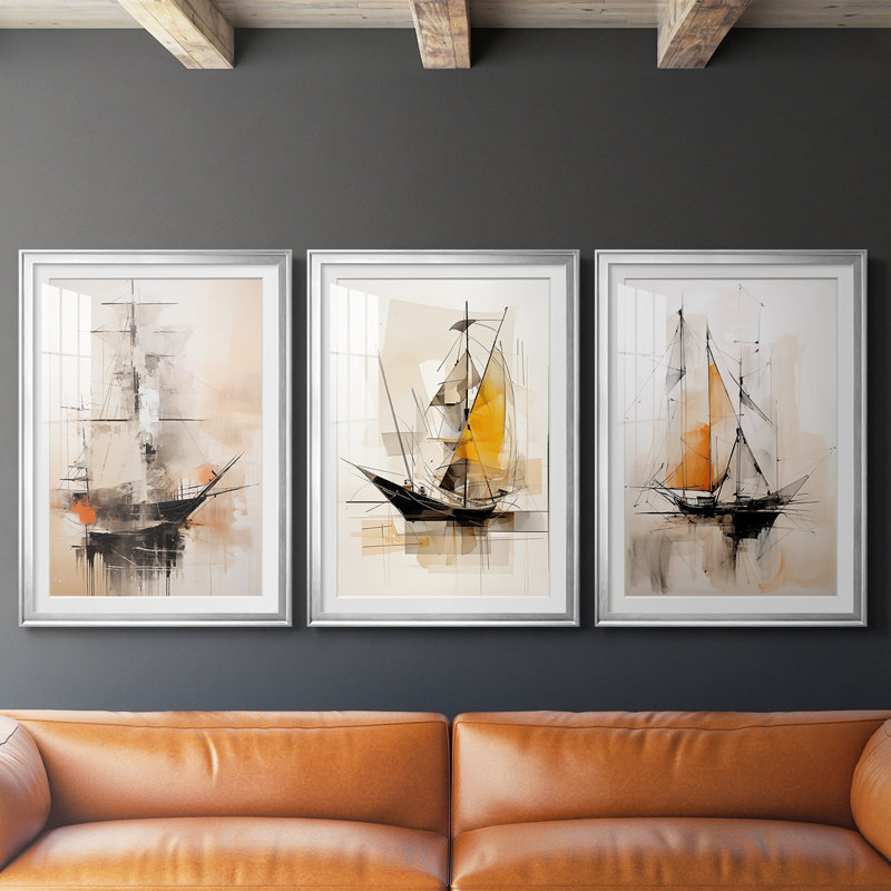 NAUTICAL Series CECLXI - Impression encadrée sur mesure de qualité supérieure - 3 pièces, H 27 po x l 39 po, Argent argent