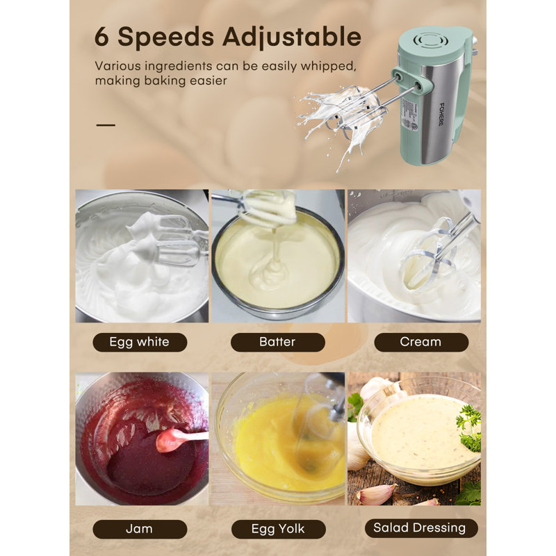 6 Speed Hand Mixer With Turbo Boost, 4 Stainless Steel Attachments, Green