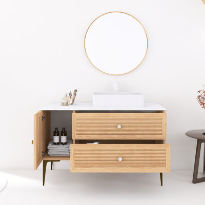 Meuble-lavabo de 48 po avec lavabo, armoire de rangement autoportante en contreplaqué avec 4 pieds en métal, une porte et 2 tiroirs, lavabo rectangulaire en céramique blanche, sans robinet, pré-assemblé, couleur grain de bois de chêne