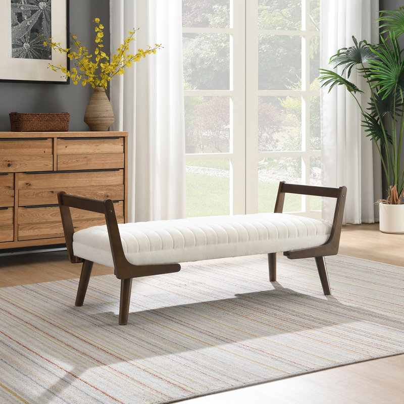Banc de 52 po Mid-Century avec pieds en bois de noyer, Beige