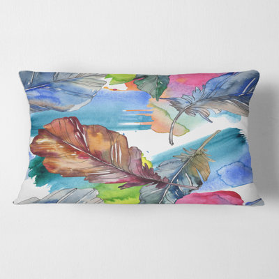 Plume d'oiseau en bleu et rose - coussin traditionnel imprimé