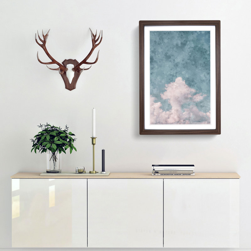 White Clouds Reaching Upwards - Picture Frame Painting Print, 87cm H x 62cm W x 2cm D, Walnut Framed