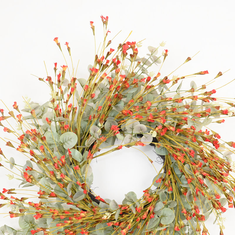 Couronne de porte artificielle florale 24 po Eucalyptus Spring Summer, Vert / Orange
