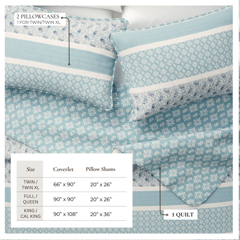 Ensemble de courtepointe réversible Paisley, Courtepointe pour lit simple / simple TG et 1 taie, Bleu