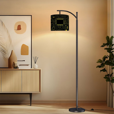 Futuristic Arc Floor Lamp Lamp with Adjustable Lampshade Abstract Yellow Connections Technology electronic microchip Standing Lamp 3 Color Temperatures Dimmable Tall Pole Lamp with Foot Switch for Bedroom