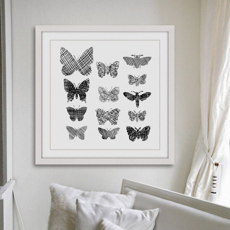 « patterned papillons », reproduction d’art encadrée, H 18 po x l 18 po x P 1,5 po