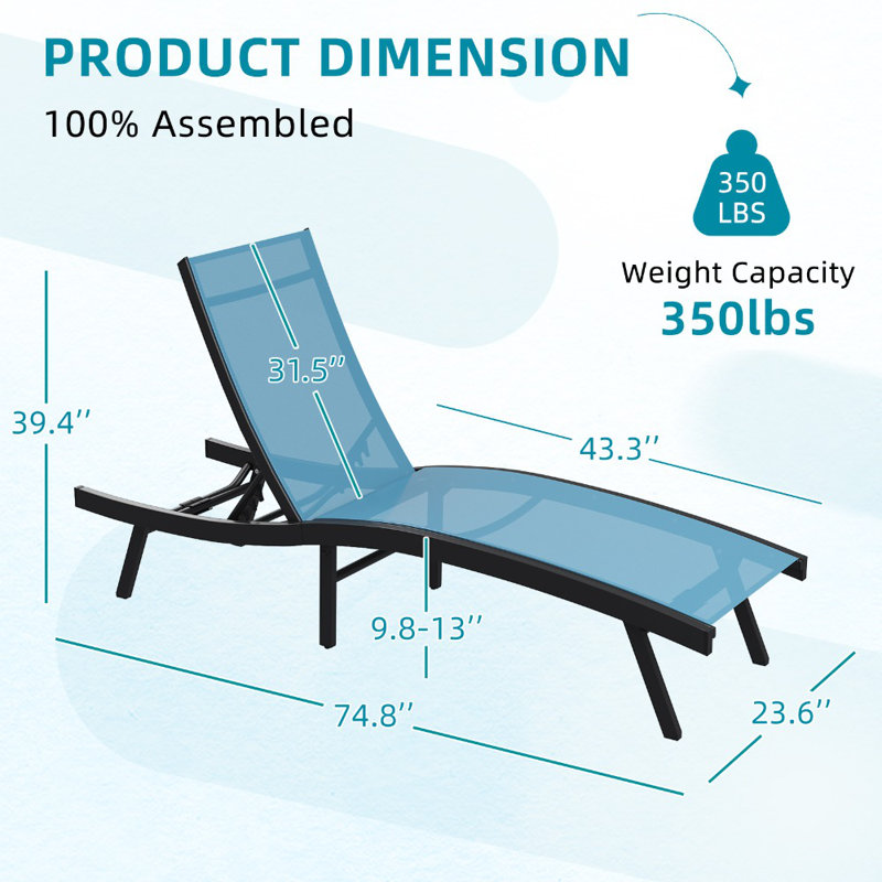 All Weather Pool Lounge Chairs Ergonomic Design With Adjustable Backrest, Blue