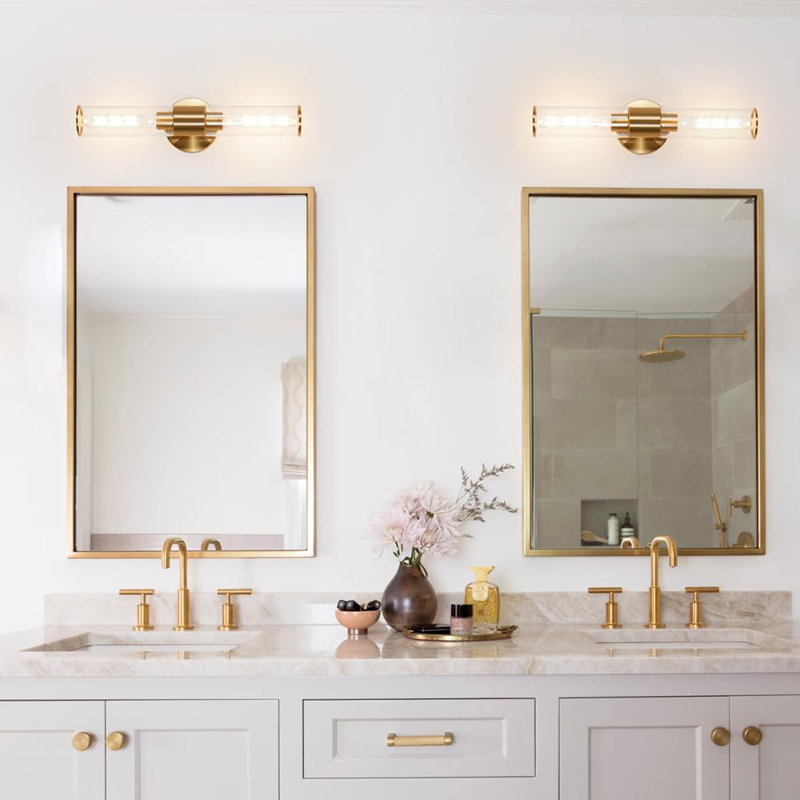 Ensemble de 2 appliques murales câblées, luminaire de meuble-lavabo moderne avec finition en laiton brossé, fixation réversible pour miroir, couloir, chambre à coucher (ampoules requises)
