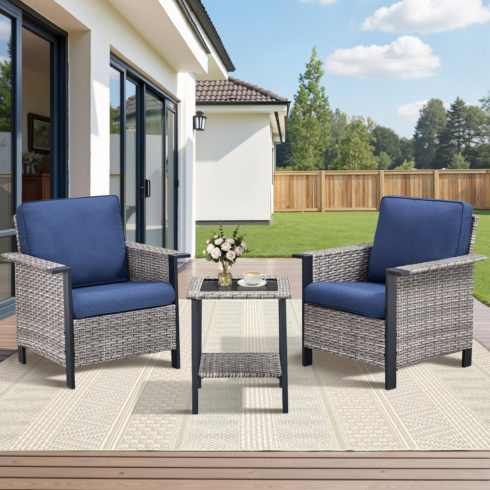 Ebern Designs 3-Piece Outdoor Furniture Set, 2 All-Weather PE Wicker ...