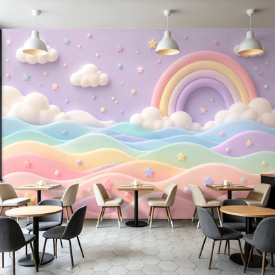 Peel and Stick Wallpaper Wall Mural Pastel Rainbow Wavy Clouds Stars Dreamy Sky Wall Art Self Adhesive and Removable
