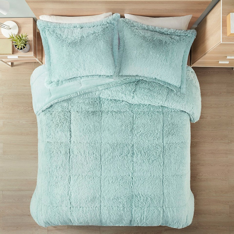  Édredon à poil long grand et à longs poils - Grand lit bleu chaud, Queen Comforter + 2 Shams