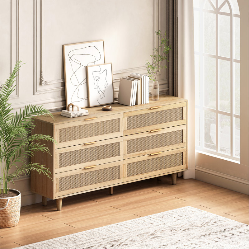 6-Drawers Rattan Storage Cabinet Rattan Drawer, Brown, 29.53" H x 59.06" W x 15.75" D