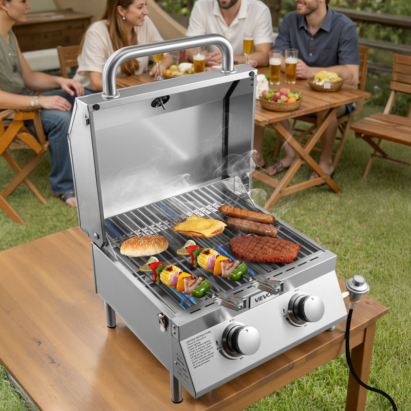 Tabletop Gas Grill 2-Burner Portable Propane Grill Stainless Steel Outdoor