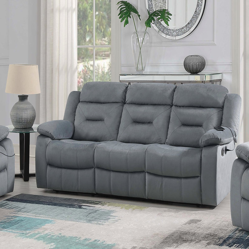 Canapé moderne manuel 1pc avec accoudoirs moelleux et dossier capitonné horizontal port USB finition gris foncé mobilier de salon principal
