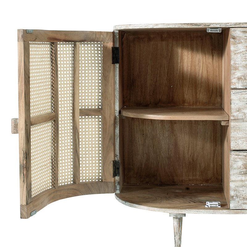 Console de télévision multicolore avec portes en canne et rangement supplémentaire pour le style distinctif du salon